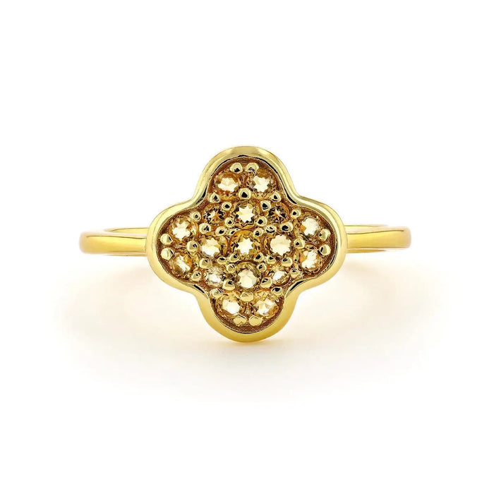 Round Yellow Citrine Pave 18K Yellow Gold Plated Silver Four Leaf Clover Ring by Fine Color Jewels