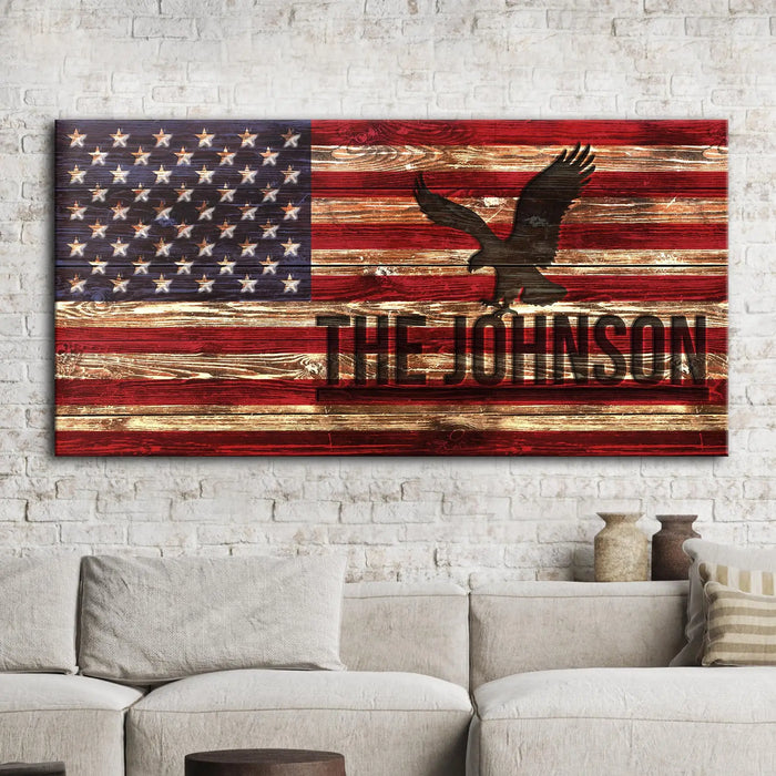 Rustic American Flag Family Name Sign by Tailored Canvases
