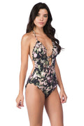 Lucky Brand Juniors Smokescreen Ruffle Plunge Monokini One Piece Swimsuit, S by Vanessa Jane