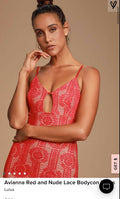 Lulus Avianna Red and Nude Lace Bodycon Dress, Size Medium by Vanessa Jane
