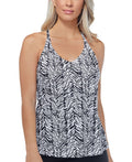 Island Escape Print Stretch Racerback Lined Deep V Neck Underwire Tankini Top by Vanessa Jane