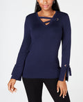 JM Collection Women's Grommet Trim V Neck Top Blue Size Small by Vanessa Jane