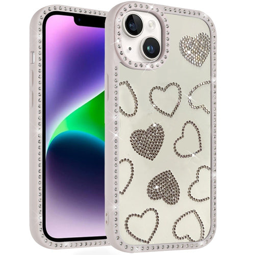 Rhinestone Hearts Bling Trim Case for iPhone 13 14 with Tempered Glass by Merch Section