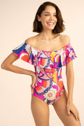 Trina Turk Multi Sevilla off the Shoulder One Piece Swimsuit, Us 4 by Vanessa Jane