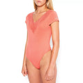 Bebe Logo Lace Plunge Bodysuit, Peach, Size Medium by Vanessa Jane