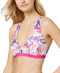Go by Gossip Purple Palm Dazed Strappy-Back Bralette Bikini Top, Size Larg by Vanessa Jane
