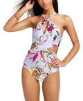 Bar III Wild Tropic Printed High-Neck Cutout One-Piece Swimsuit, Size Small by Vanessa Jane