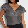 Express Metallic Pleated Flutter Sleeve Cropped Top, Size Large by Vanessa Jane