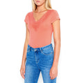 Bebe Logo Lace Plunge Bodysuit, Peach, Size Medium by Vanessa Jane