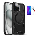 Magnetic Circle Kickstand Silicone Case with Tempered Glass for iPhone 15 Pro Max Black by Merch Section