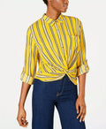 Self Esteem Juniors Twist-Front Draped Shirt Yellow/Black Stripe, Size Large by Vanessa Jane