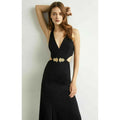 BCBG Max Azria Brooch-Trimmed Cutout Gown NNH6219752, Size 8/Black by Vanessa Jane