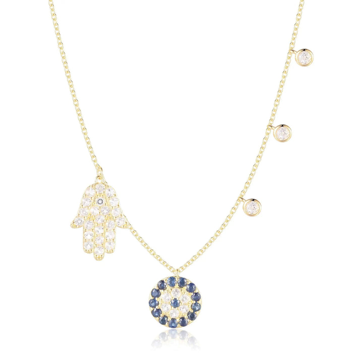 Sapphire Layering Evil Eye and Hamsa Necklace by Fine Color Jewels