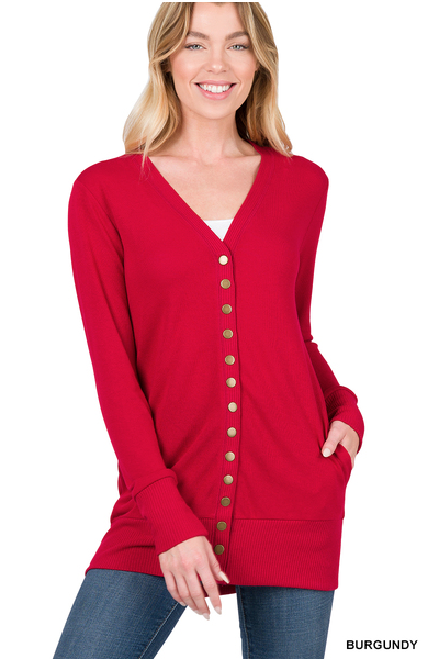 Snap Cardigan Full Sleeve With Pockets - Burgundy by Boutique 23