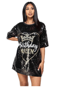 Sequin Birthday Queen Oversized Sequin T-shirt Dress {Gold & White Letters} by The House of Stylez