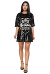 Sequin Birthday Queen Oversized Sequin T-shirt Dress {Gold & White Letters}