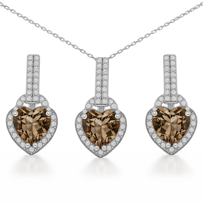 Natural Brown Quartz Heart Sterling Silver Jewelry Set by Fine Color Jewels