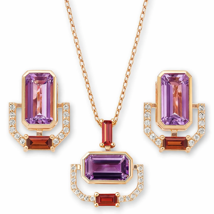 Rose Gold Emerald Cut Natural Amethyst Silver Jewelry Set by Fine Color Jewels