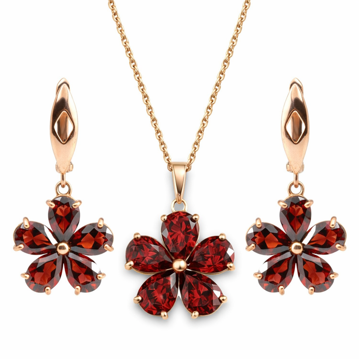 Natural Red Garnet Floral Sterling Silver Jewelry Set by Fine Color Jewels