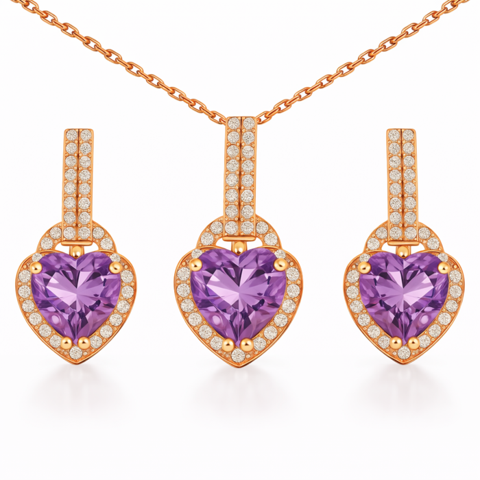 Natural Purple Amethyst Silver Heart Sterling Silver Jewelry Set by Fine Color Jewels