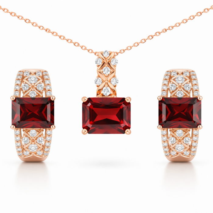 Natural Red Garnet & White Topaz Silver Jewelry Set by Fine Color Jewels