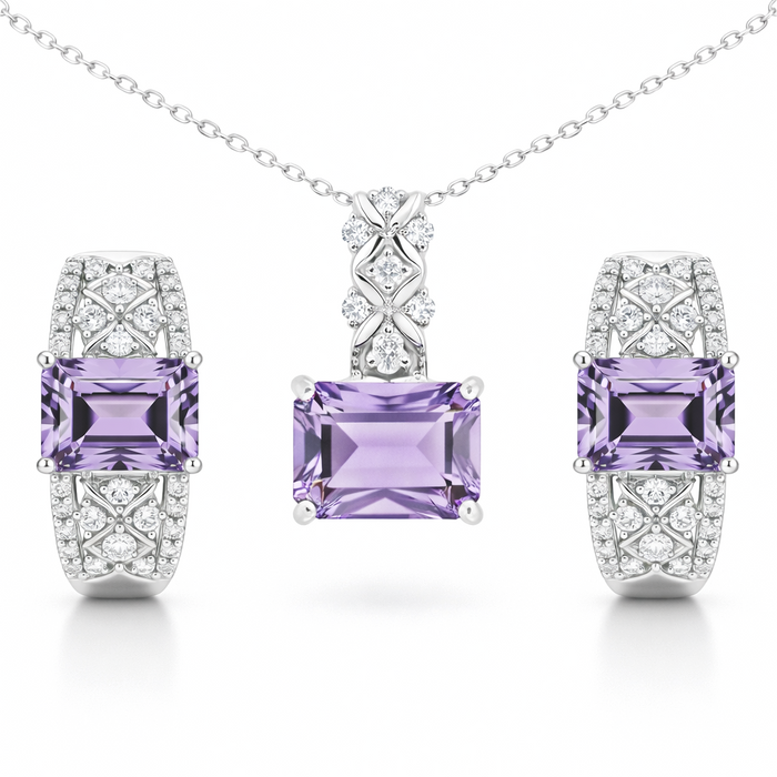 Natural Amethyst Sterling Silver Jewelry Set by Fine Color Jewels