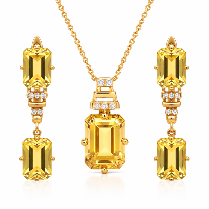 Natural Citrine Octagon Silver Drop Jewelry Set by Fine Color Jewels