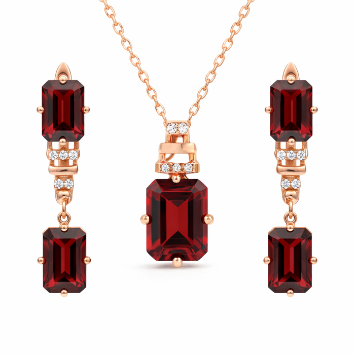 Natural Garnet & White Topaz Sterling Silver Drop Jewelry Set by Fine Color Jewels