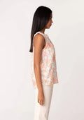 Sheer Floral Button Front Ruffle Neck Tank Top: Natural/Coral by Boutique 23