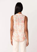 Sheer Floral Button Front Ruffle Neck Tank Top: Natural/Coral by Boutique 23