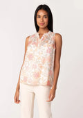 Sheer Floral Button Front Ruffle Neck Tank Top: Natural/Coral by Boutique 23