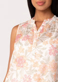 Sheer Floral Button Front Ruffle Neck Tank Top: Natural/Coral by Boutique 23