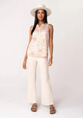 Sheer Floral Button Front Ruffle Neck Tank Top: Natural/Coral by Boutique 23