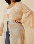 Sheer Patch Print Chiffon Tie- Front Duster - Tan by Boutique 23