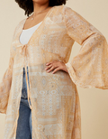 Sheer Patch Print Chiffon Tie- Front Duster - Tan by Boutique 23