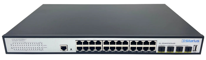 Silarius SIL-B24M3POE1G400 24 Ports 10/100/1000Mbps Gigabit Layer 3 Managed PoE+ switch with 4 Ports 10G SFP+ Uplink, 1 Console, 6KV surge protection, 400W, rack mount installation by Silarius