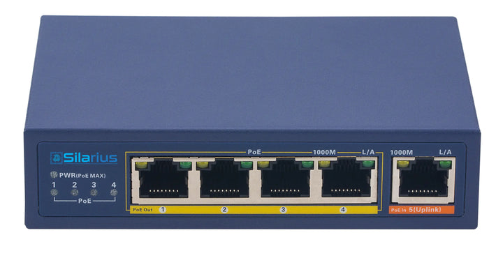 Silarius SIL-SWPP4P65 PoE Powered 5-Port Gigabit Switch with PoE Passthrough, 65W Power Budget for Powering up to 4 PoE Network Devices via Cat5e/Cat6 RJ45 Network Cables - 30W per output port by Silarius