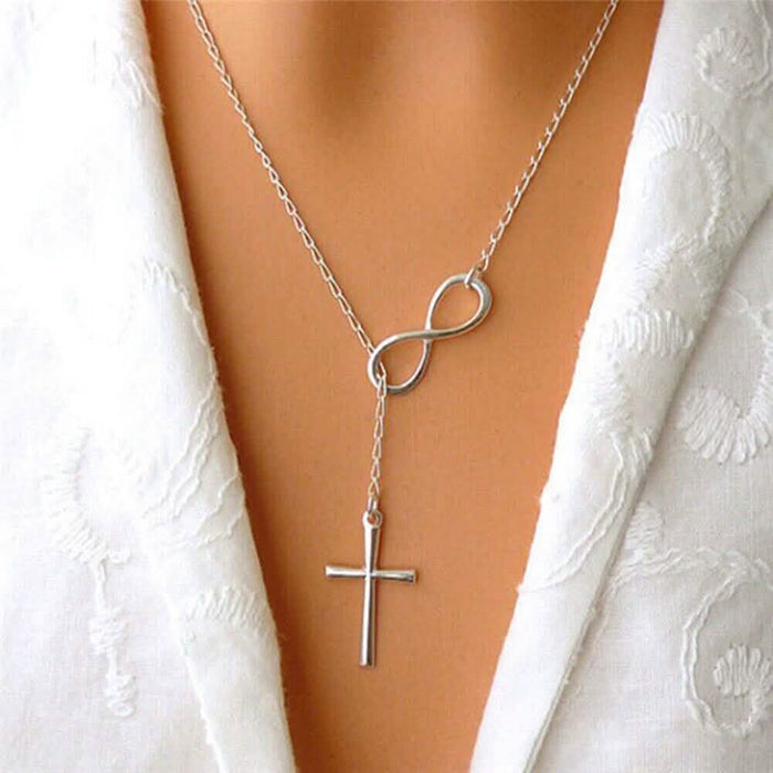 Silver Filled High Polish Finish Infinity Drop Cross Lariat Necklace by DailySale