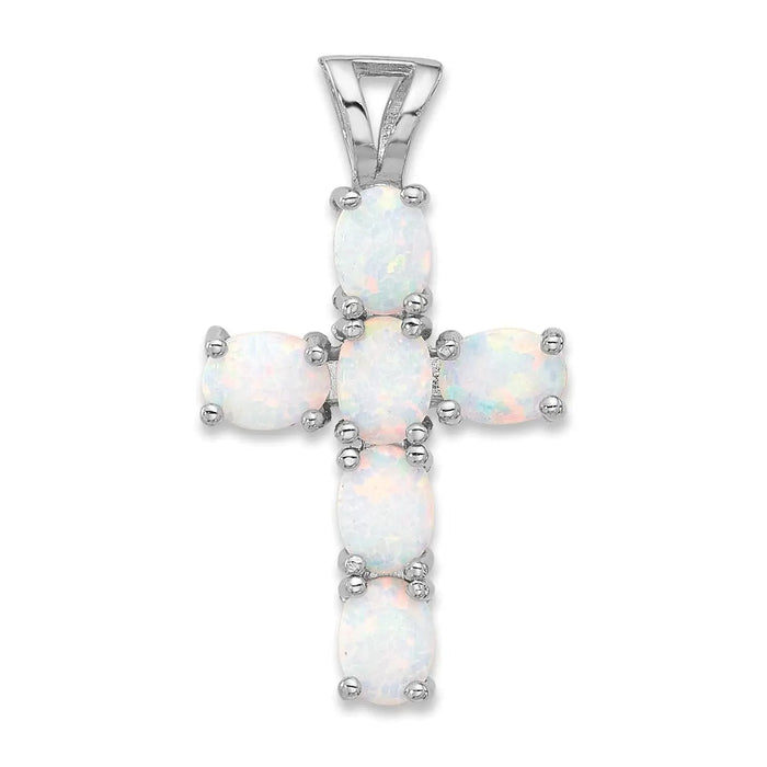 Silver Flash Platinum-plated Created White Opal Cross Pendant by Fine Color Jewels