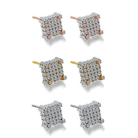 Silver Micro Pave Stud Earrings Clear Square 3D Sidestones by DailySale