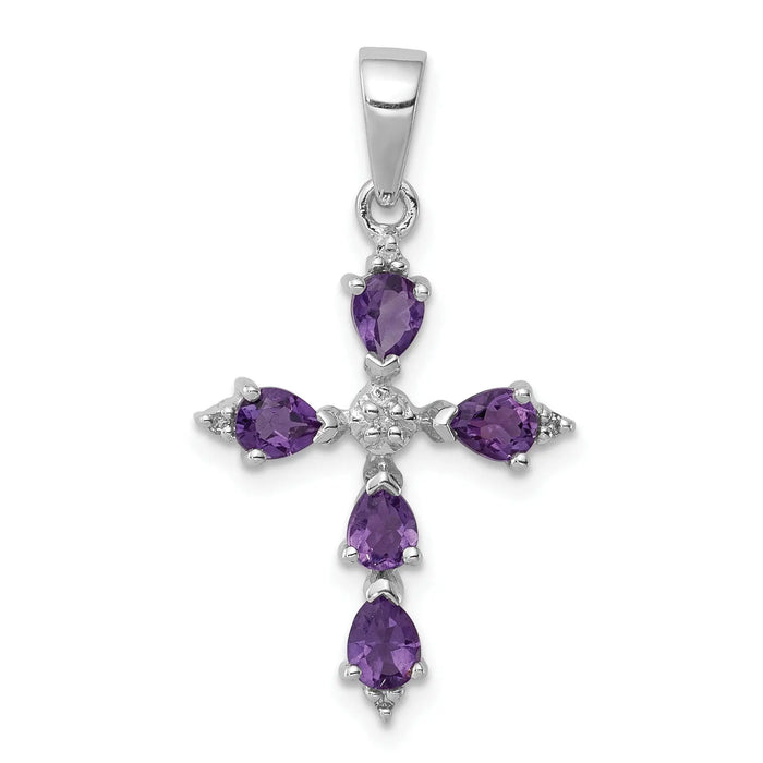 Silver Natural Amethyst and Diamond Cross Pendant by Fine Color Jewels