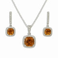 Silver Natural Cushion Citrine Earrings and Necklace Jewelry Sets by Fine Color Jewels