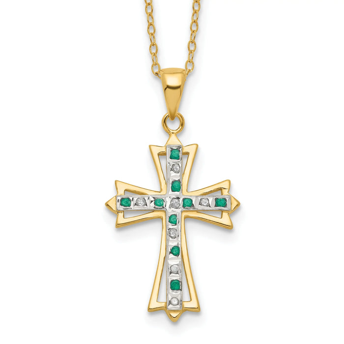 Silver Natural Diamond and Emerald Cross Necklace by Fine Color Jewels