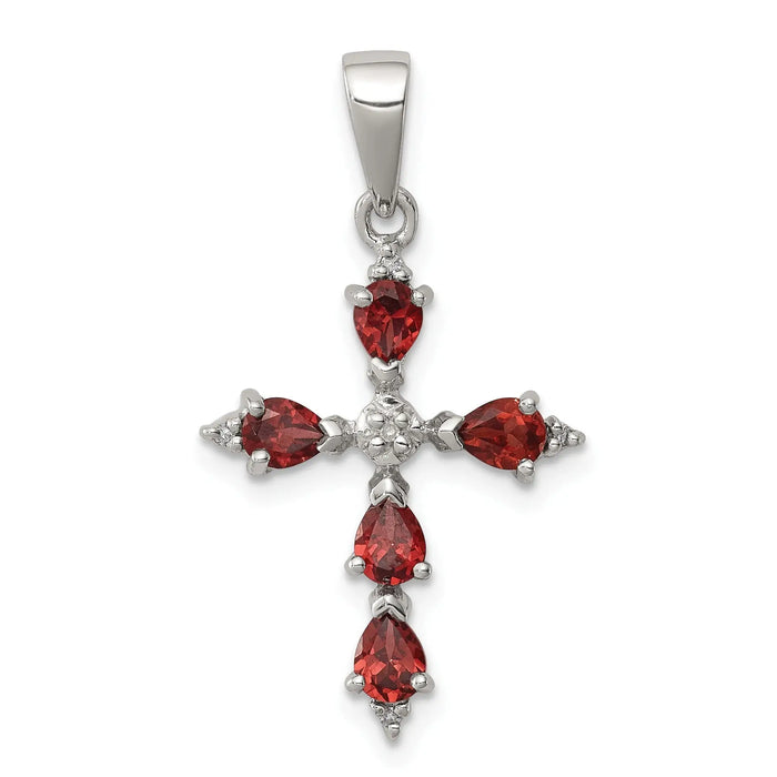 Silver Natural Garnet and Diamond Cross Pendant by Fine Color Jewels