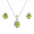 Silver Natural Pear Shaped Peridot Earrings & Necklace Jewelry Sets by Fine Color Jewels