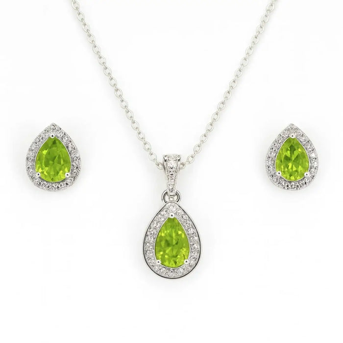 Silver Natural Pear Shaped Peridot Earrings & Necklace Jewelry Sets by Fine Color Jewels