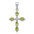 Silver Rhodium Pear Peridot and Diamond Cross Pendant by Fine Color Jewels