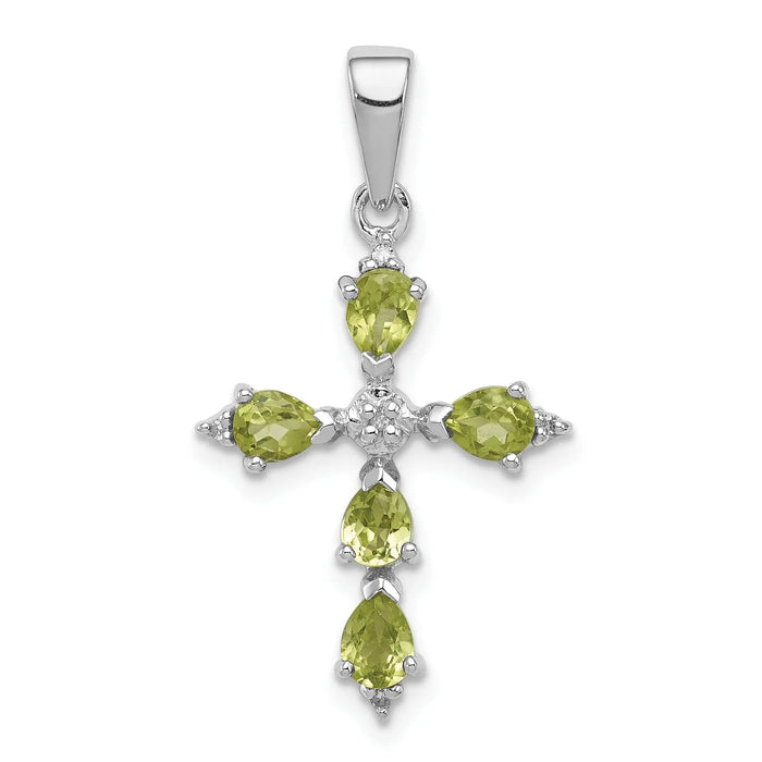 Silver Rhodium Pear Peridot and Diamond Cross Pendant by Fine Color Jewels