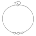 Silver Three Hearts Adjustable Anklet by Fine Color Jewels