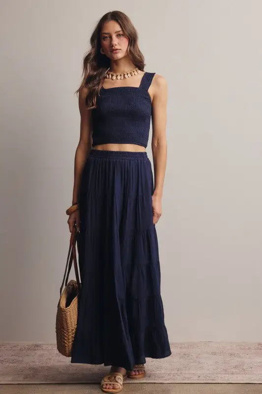 Smocked Crop Top & Tiered Maxi Skirt Set by Boutique 23